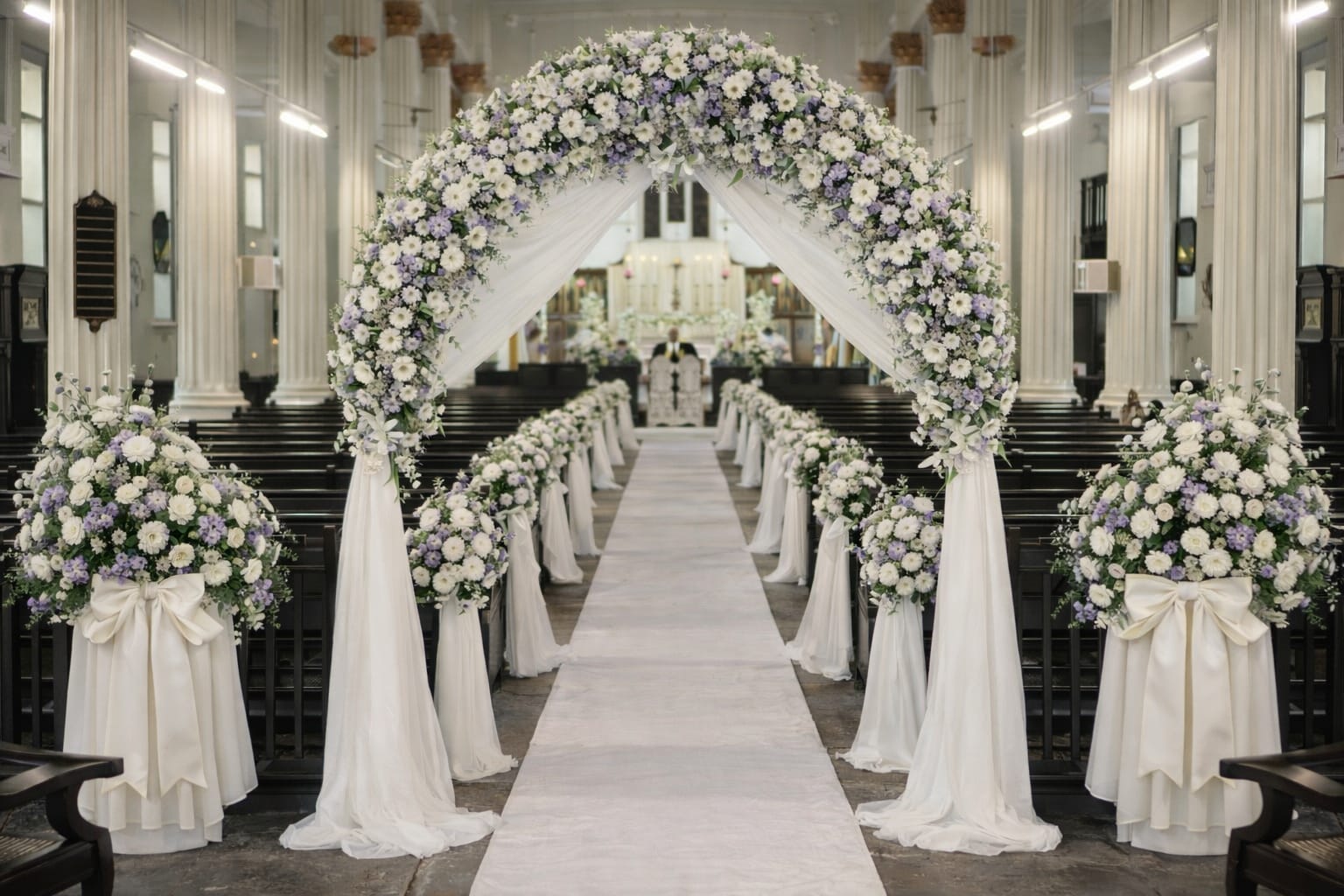 A bride and groom hold hands tenderly, the bride's bouquet of dried flowers hanging low. They stand in a softly lit, elegant interior, conveying romance.