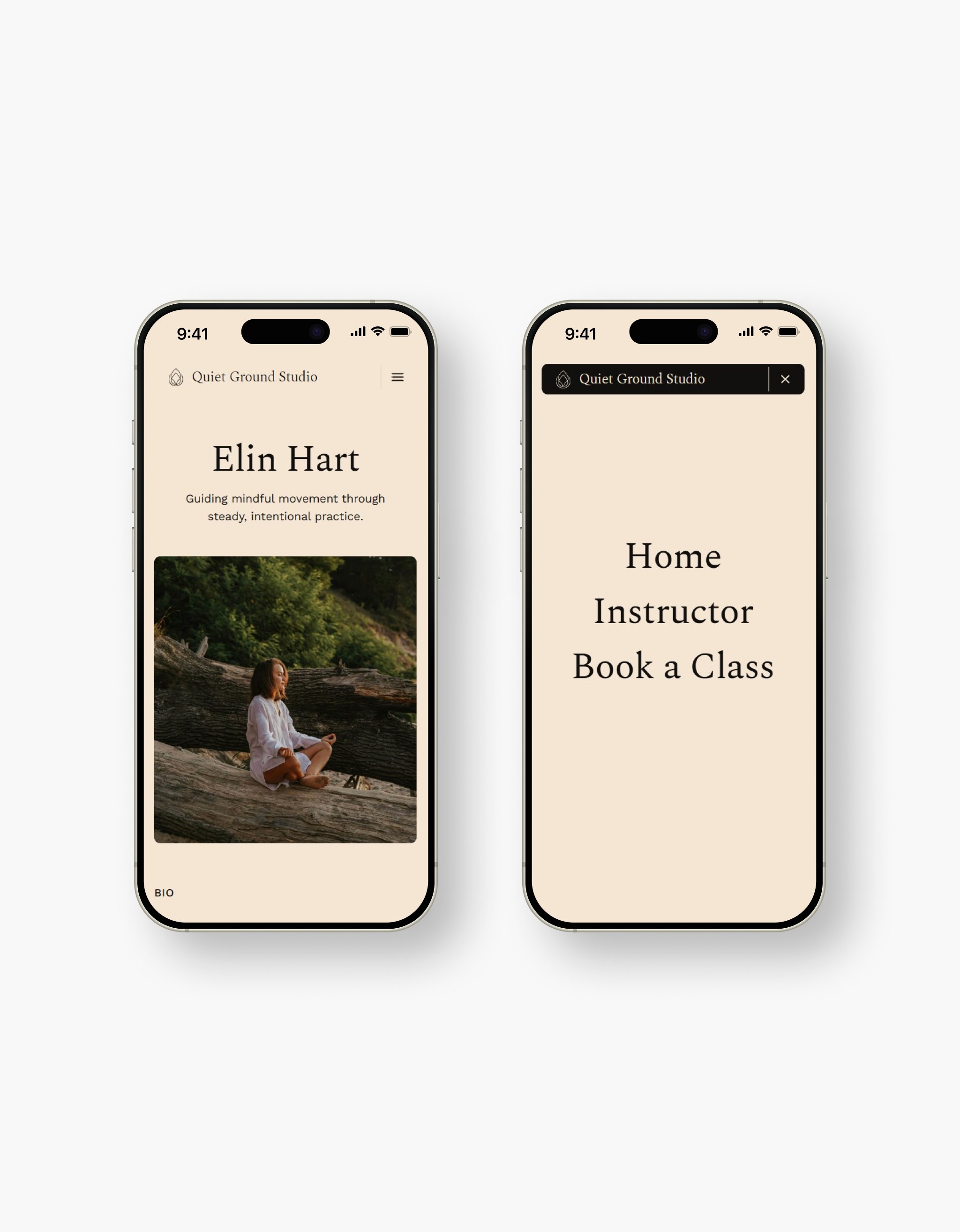 Two mockups of different sections of the Quiet Ground Studio website on iphones