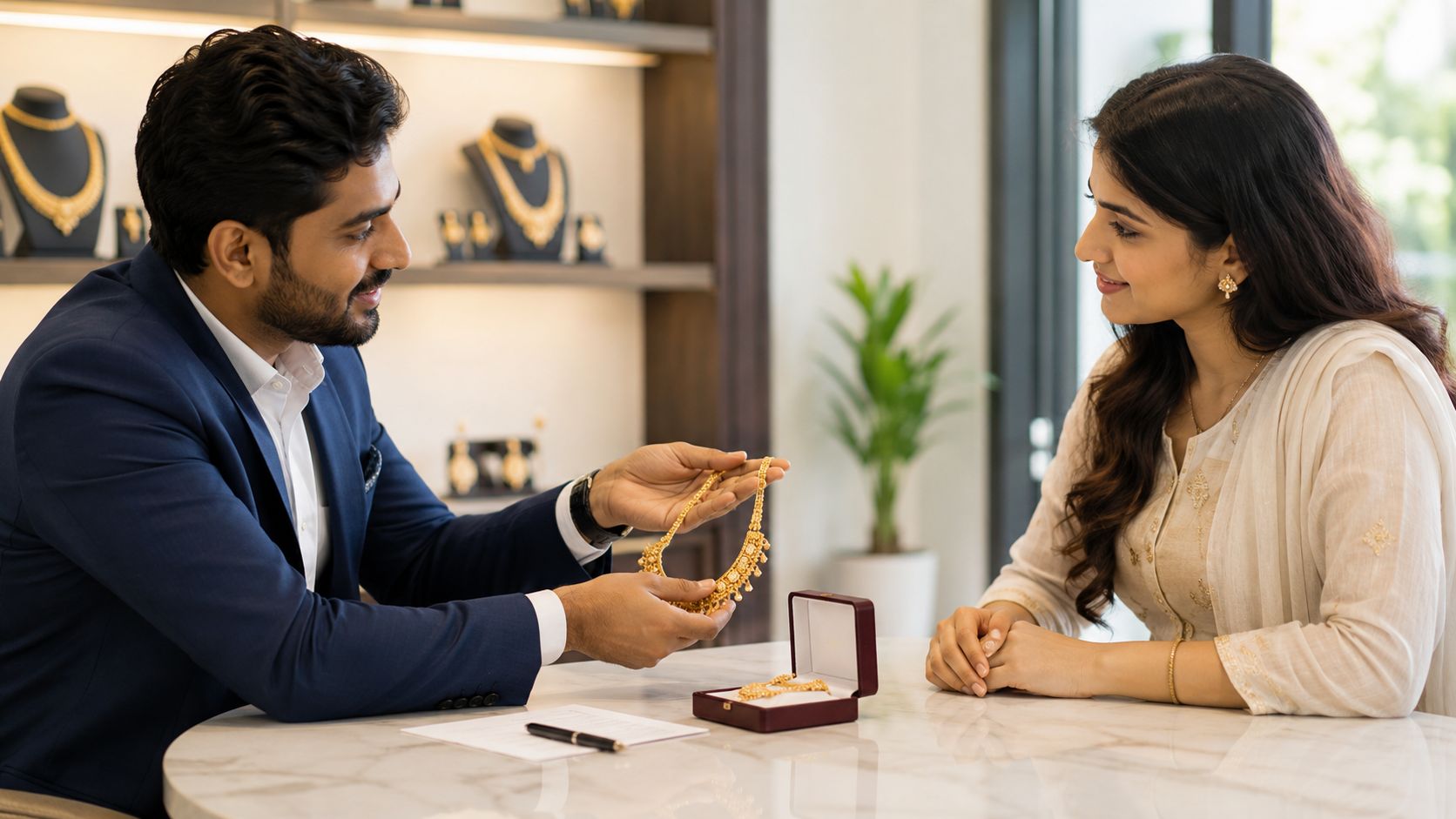 A professional jeweler showing a gold necklace to a female customer in a luxury jewelry shop.
