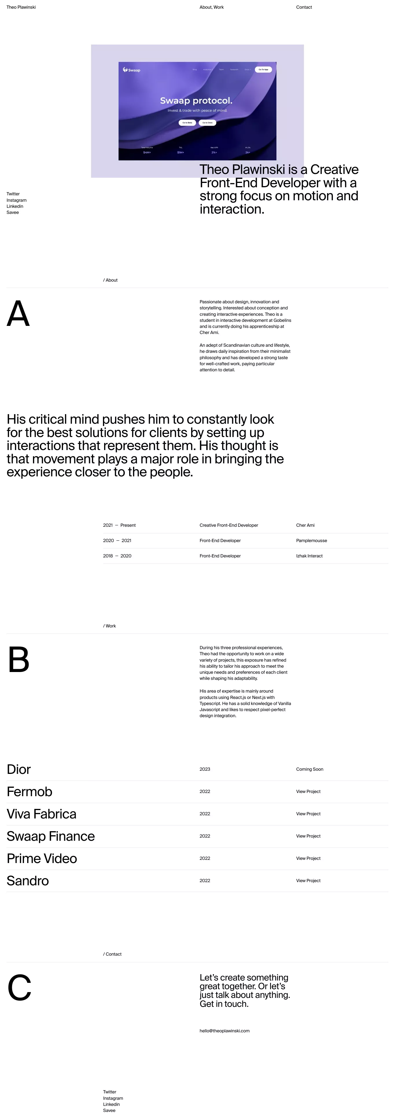 Theo Plawinski portfolio page screenshot showcasing Tech design