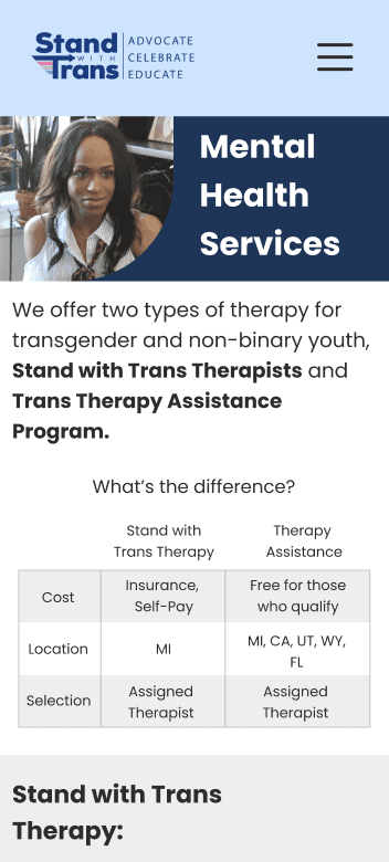 Mental Health Services page showing a comparative table of Stand with Trans' therapy offerings.