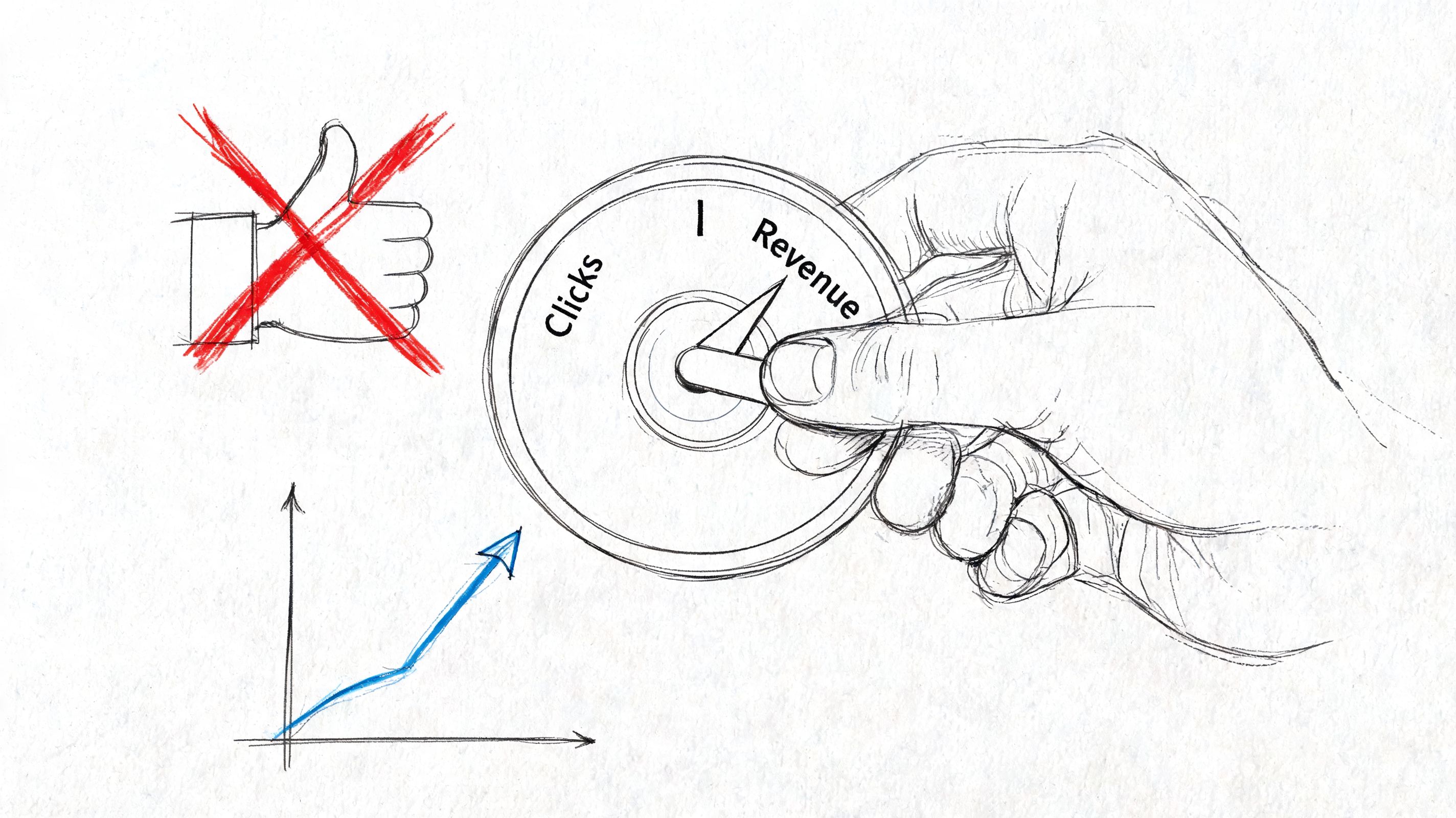 A hand adjusts a dial from clicks toward revenue, symbolizing a shift from vanity metrics to business growth.