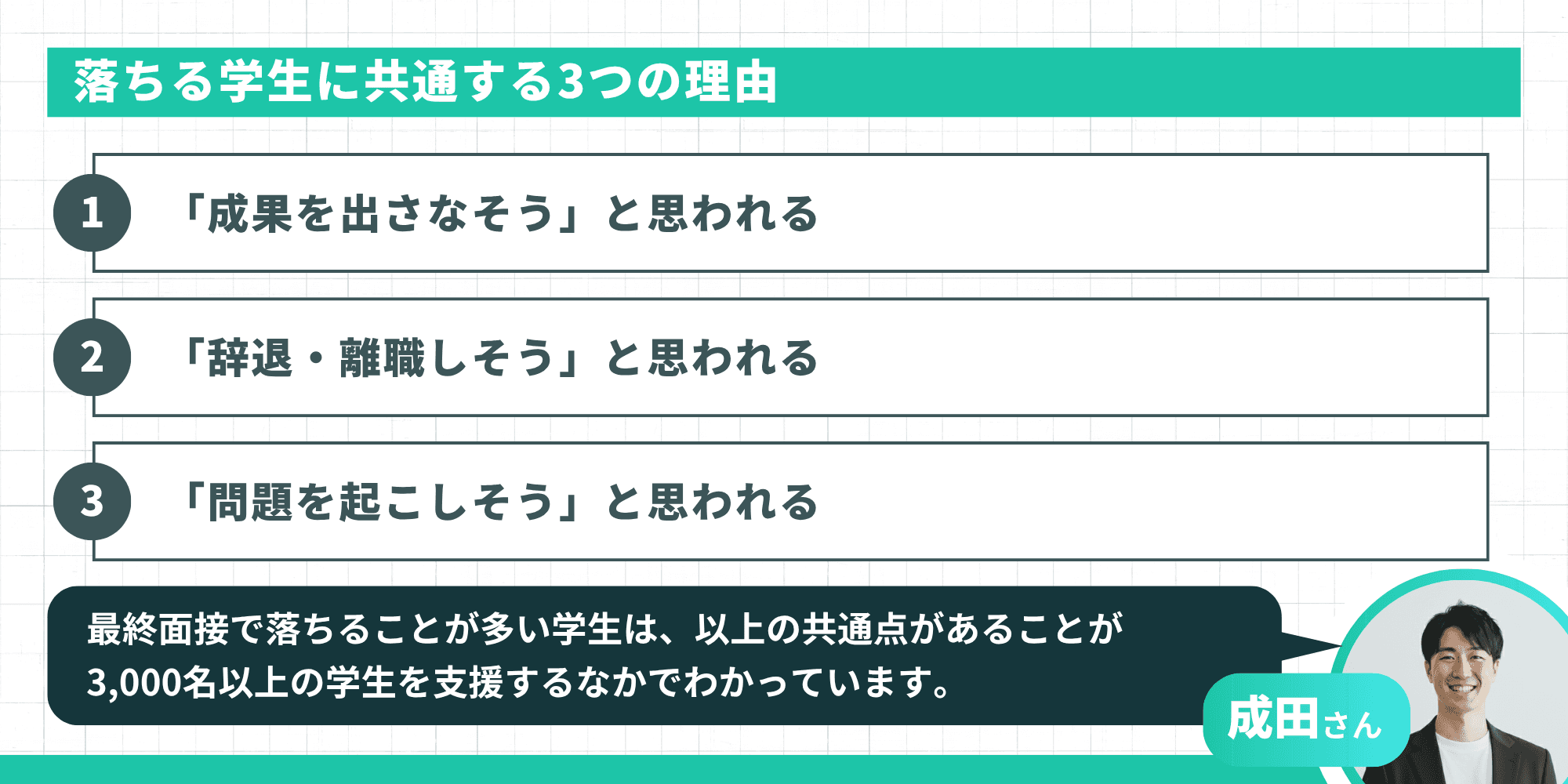 落ちる学生に共通する3つの理由：「成果を出さなそう」と思われる／「辞退・離職しそう」と思われる／「問題を起こしそう」と思われる