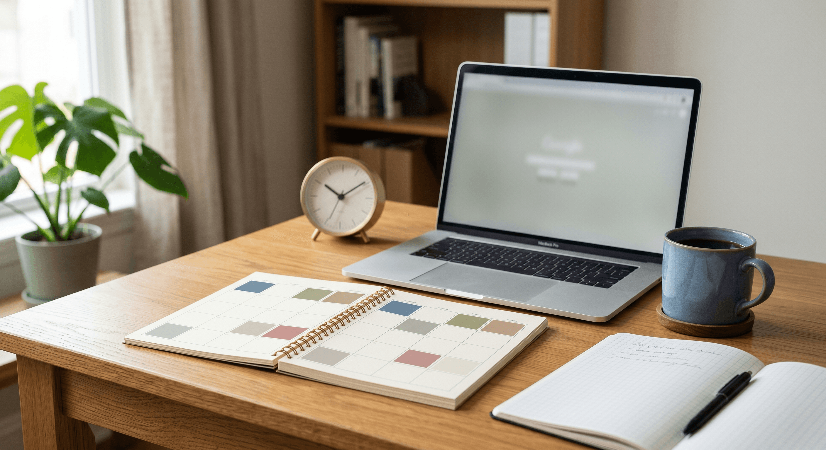 A top-down view of a wooden kitchen table with an open laptop, reading glasses, a ceramic mug of tea, an opened envelope with a folded letter beside it, and a small notebook with a pen, lit by soft morning light from a nearby window.