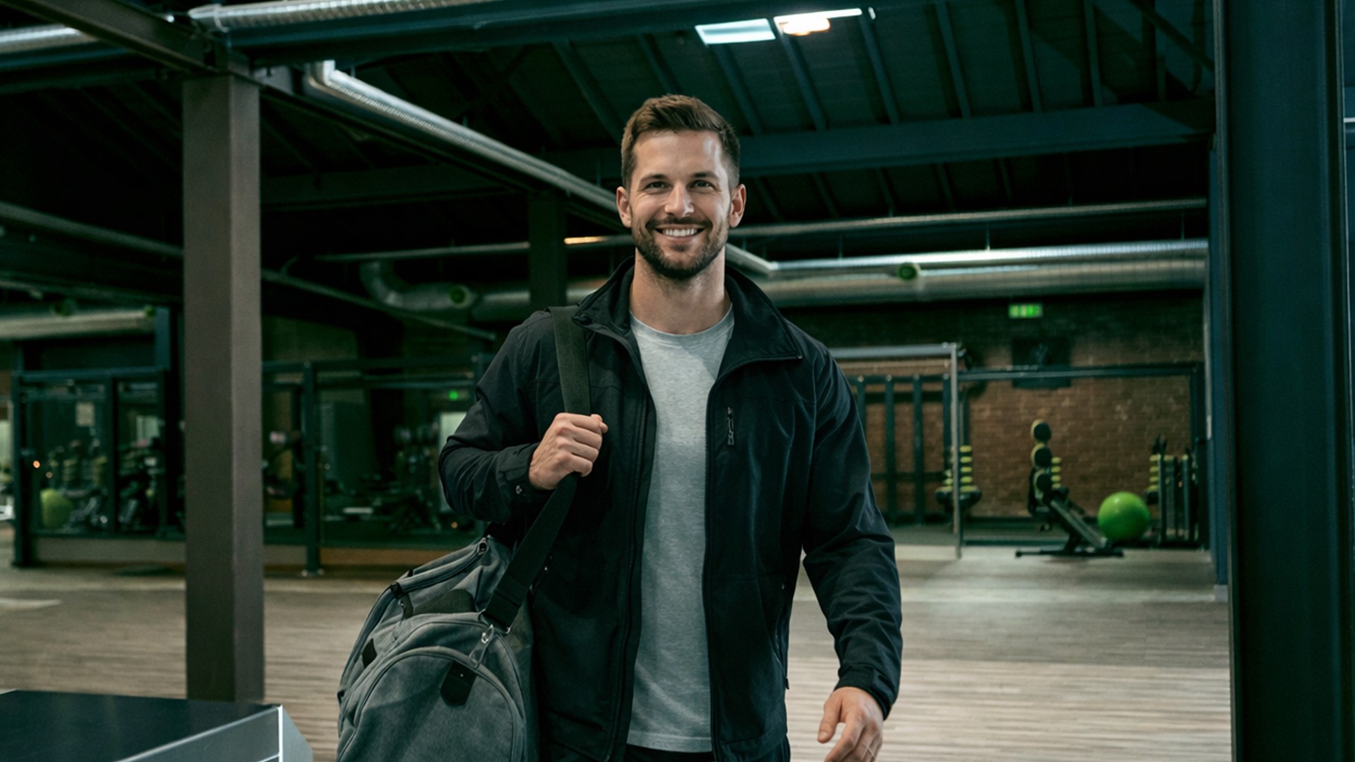 Mann verlässt gut gelaunt ein Fitnessstudio mit Sporttasche und wirkt entspannt und motiviert in moderner Trainingsumgebung