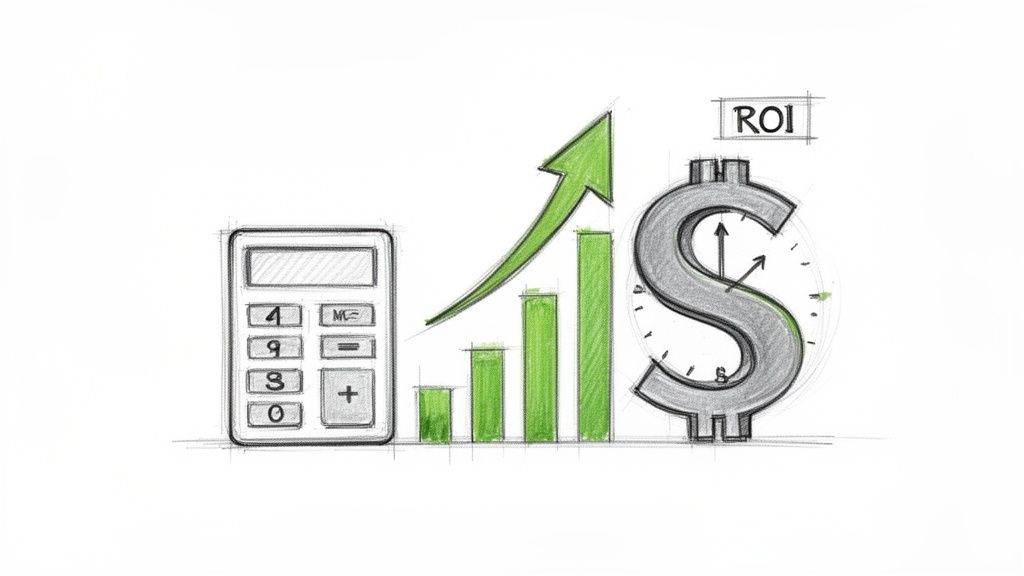A hand-drawn sketch depicting a calculator, a growing bar graph, and a dollar sign with a clock, symbolizing ROI and financial growth.