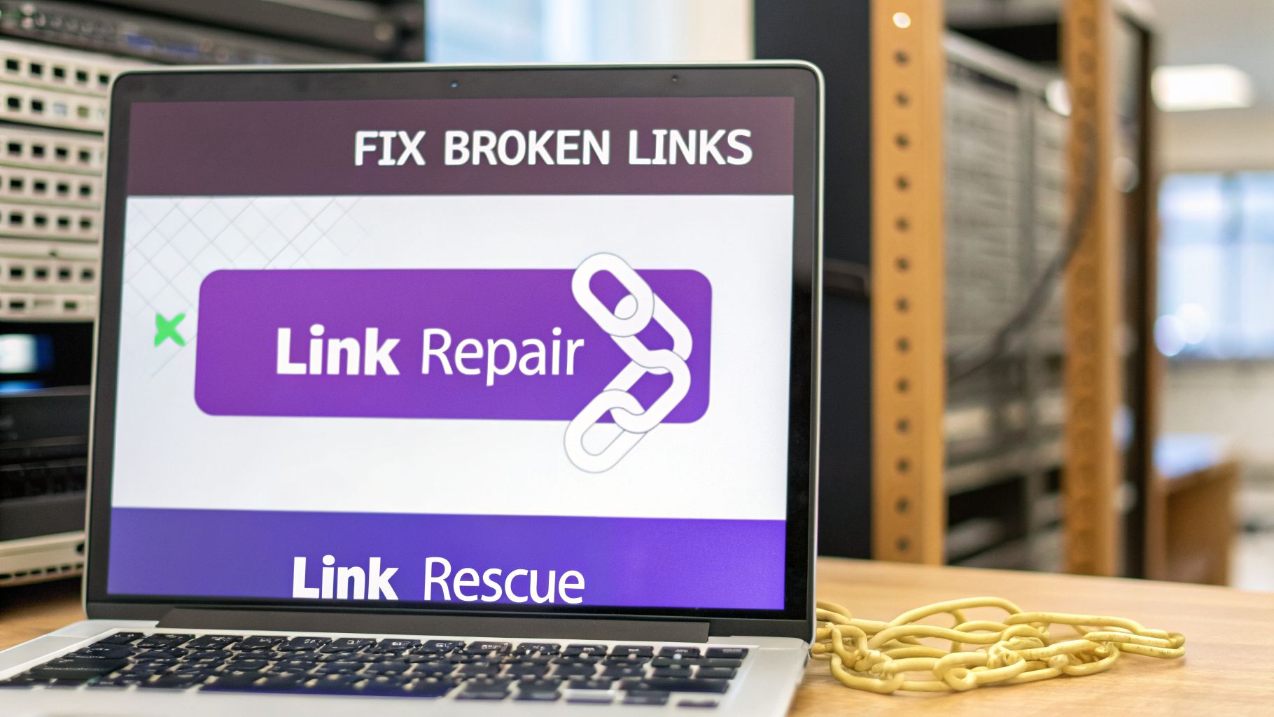 a laptop showing the text 'link repair'