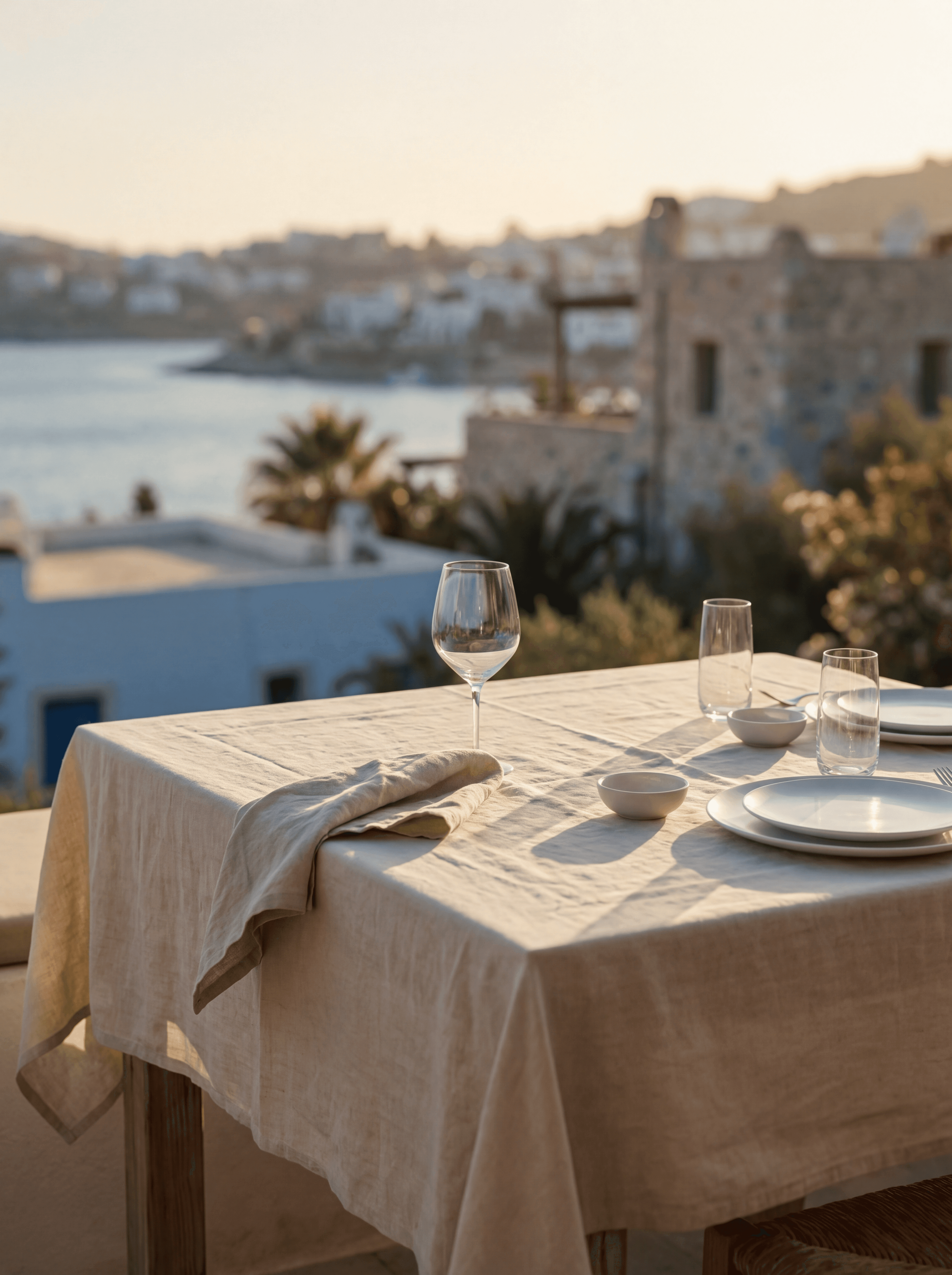 Luxury restaurant table with sea view in Bodrum Turkey overlooking Türkbükü coastline