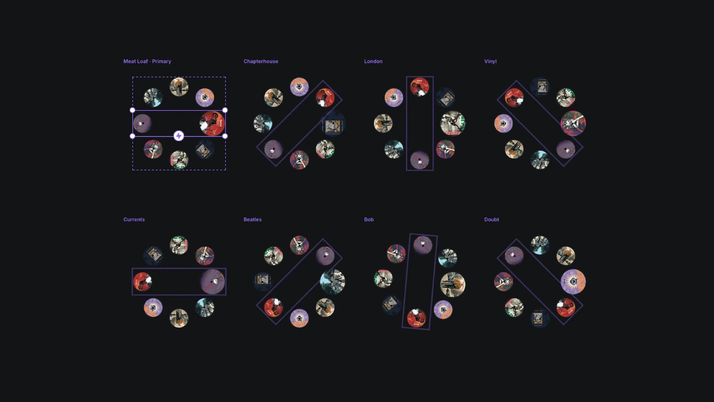 Music album collections displayed in various geometric layout patterns