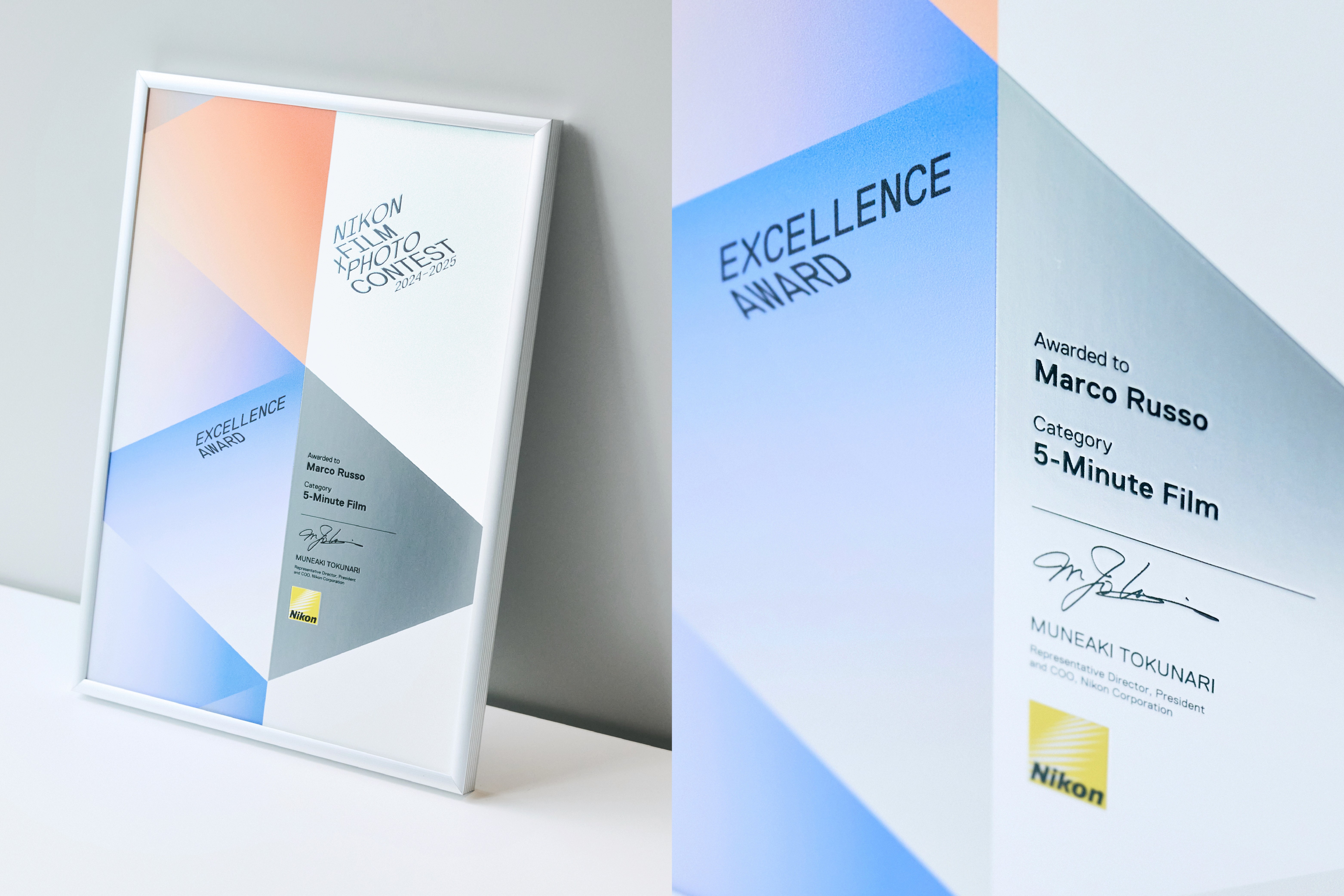 A styled award certificate featuring geometric shapes in soft colors, shown from two angles on a light background.