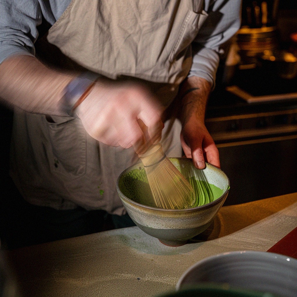 Person wearing a beige apron whisking green matcha tea in a ceramic bowl on a kitchen counter.
