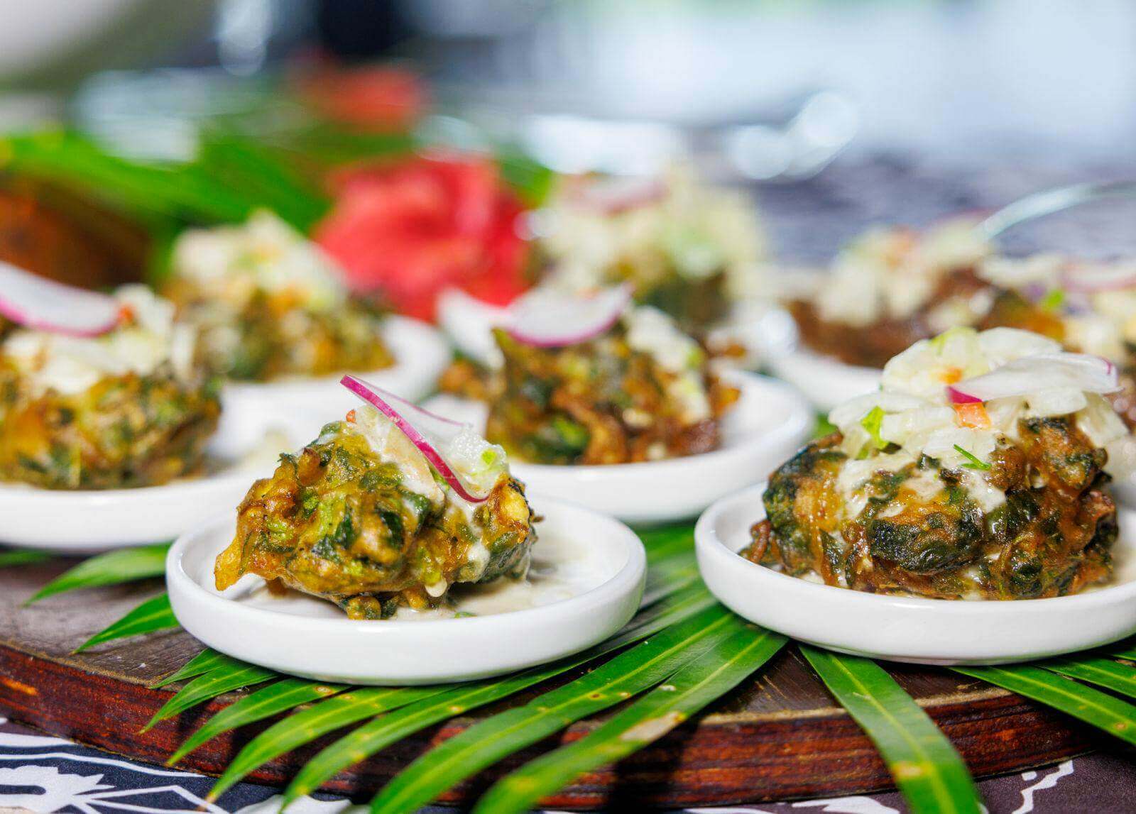 Small servings of traditional Fiji 
cuisine at Uprising Resort