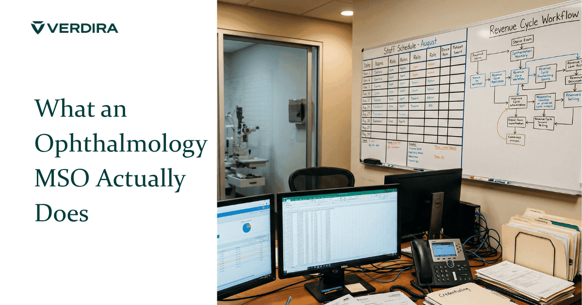  Medical office operations room with billing software, insurance forms, and credentialing folders with ophthalmology exam room visible through glass partition