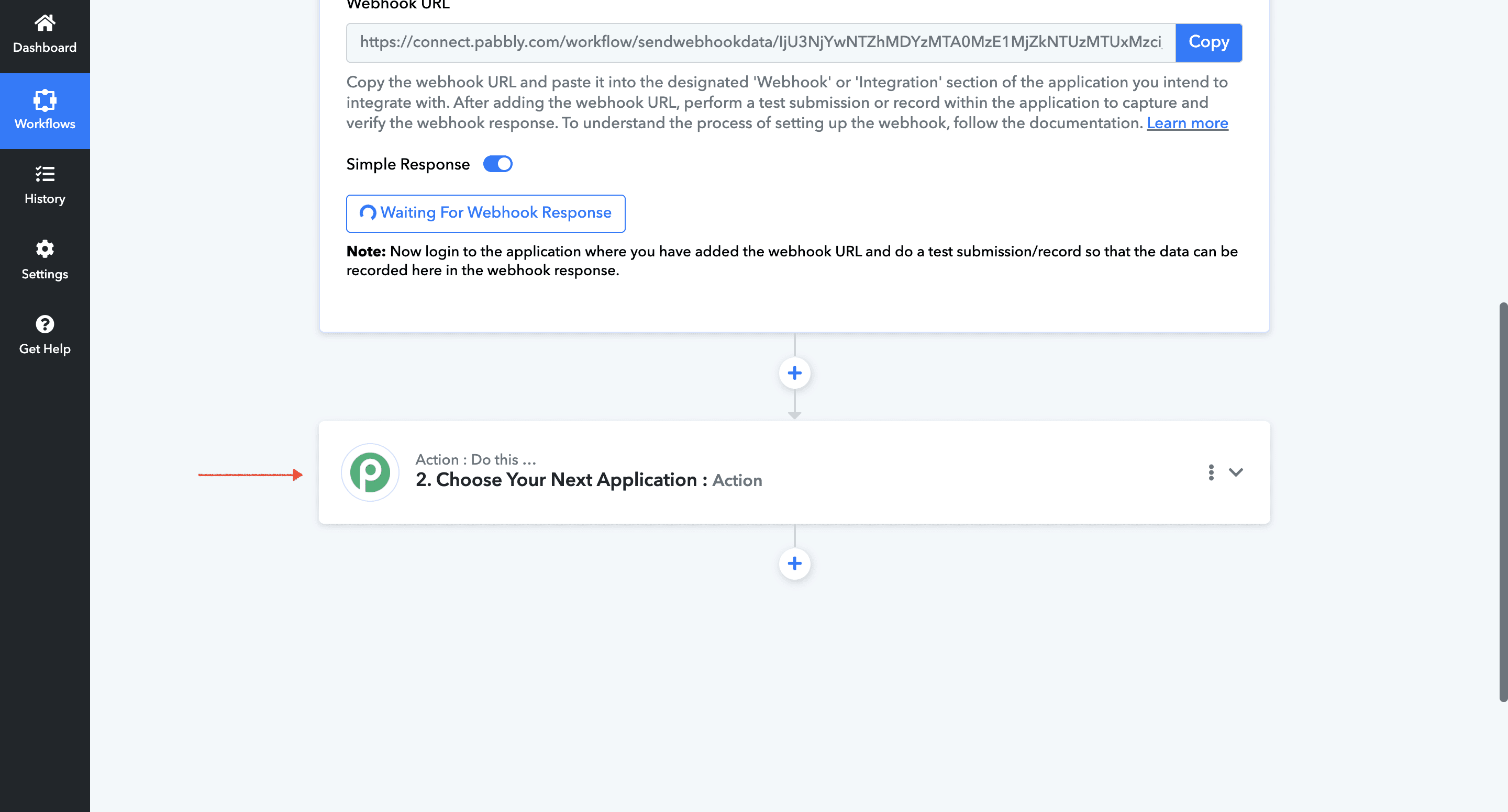 Select the next action in Pabbly
