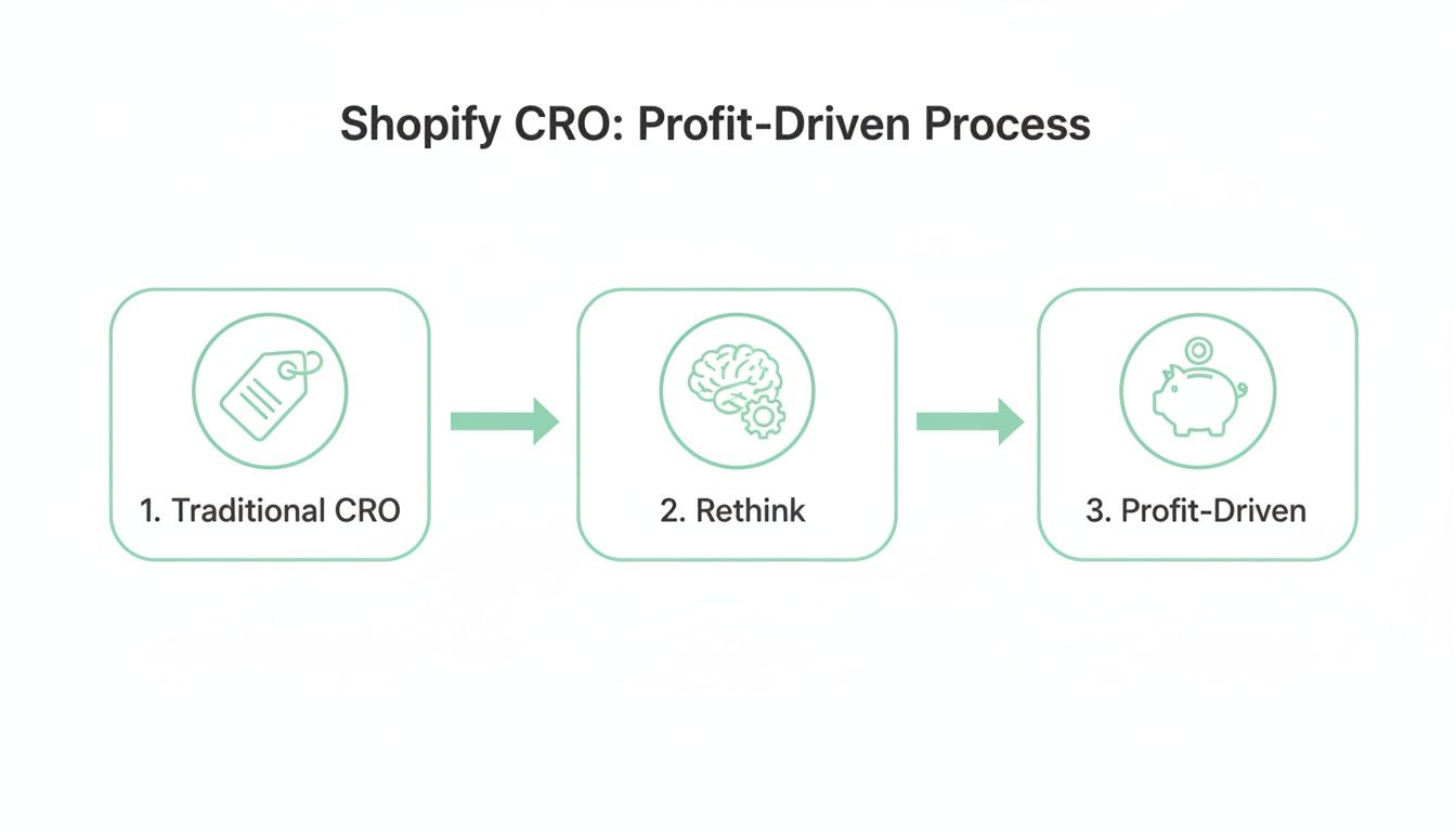 Diagram showing a 3-step Shopify CRO process: Traditional, Rethink, and Profit-Driven stages.