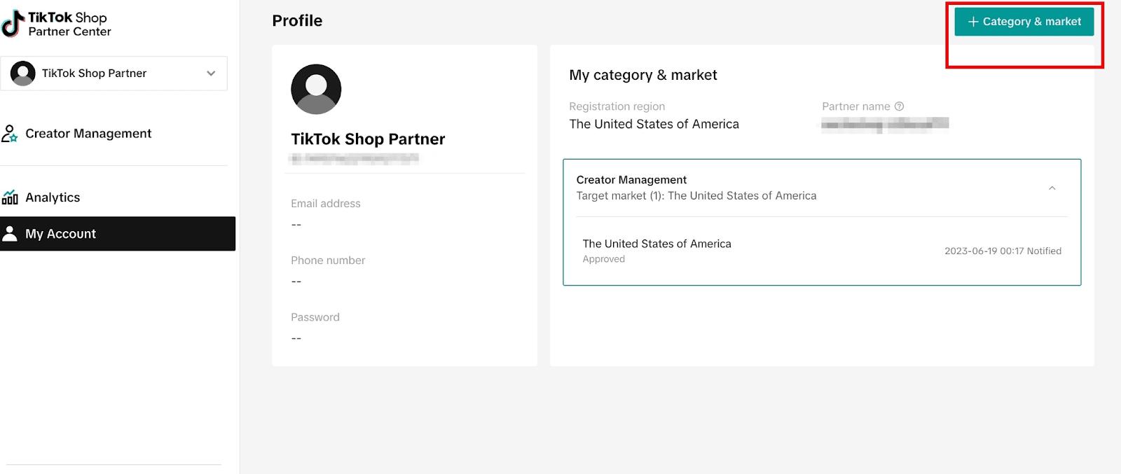 Screenshot of a user profile dashboard showing the current selected "Sub-category & market" with an "Update" button highlighted