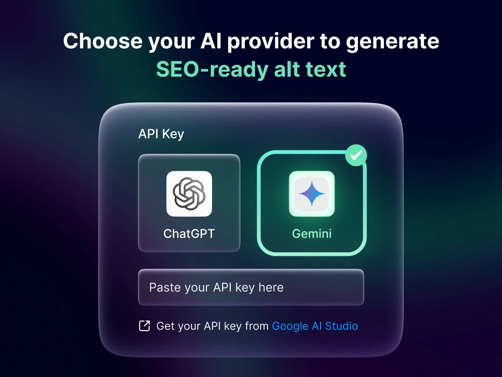 AI provider selection for generating SEO-ready alt text with key input field.