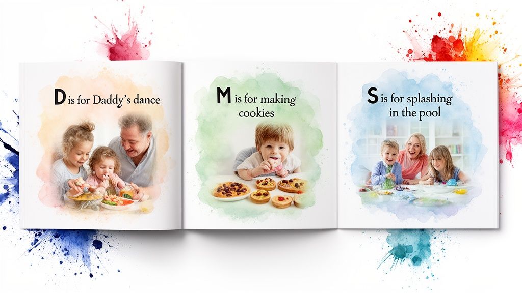 Personalized ABC book open, displaying pages with families enjoying activities like dancing and baking.