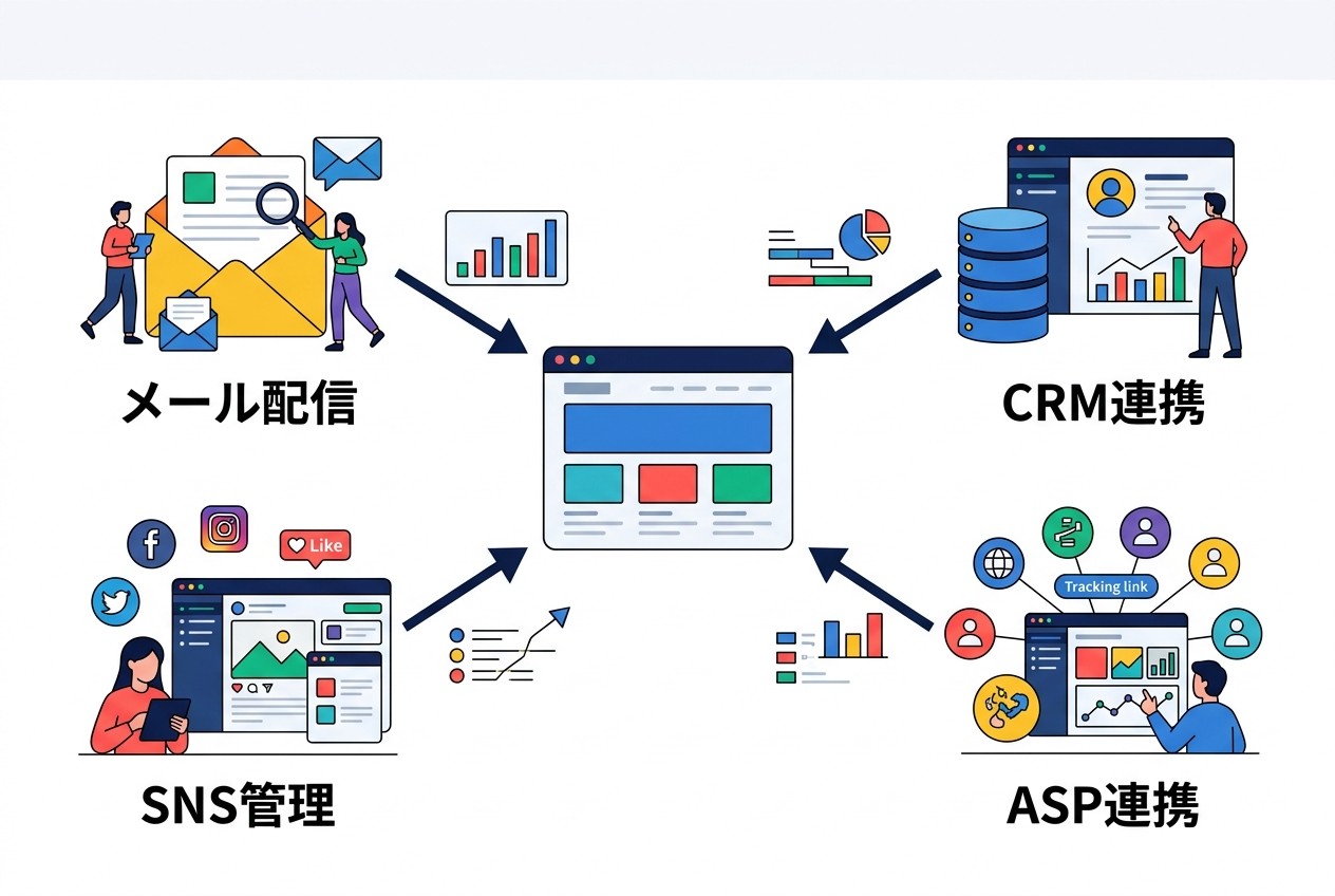 サードパーティツールからWebサイトへの流入経路とUTMパラメータ設定ポイント。各ツールでUTM自動付与を設定することで、外部ツール経由のUnassignedを85%以上削減可能。