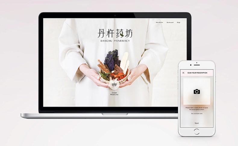 A laptop displays a webpage titled “DANCHU PHARMACY” with the Chinese characters for “DANCHU PHARMACY” above it. A person in a white robe holds a basket containing vegetables and herbs. A smartphone next to the laptop shows a prescription prescription screen with a camera icon and the text “Please take a clear photo of your prescription here.”
