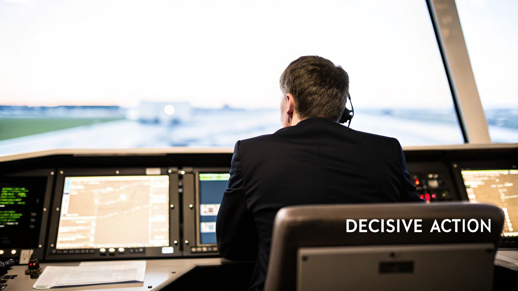 Rear view of an air traffic controller in a suit, monitoring airport operations from a control tower.