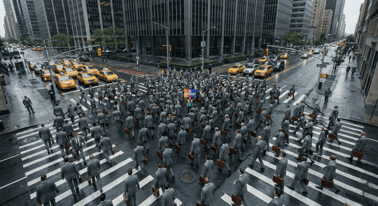 High-angle drone shot of a busy NYC crosswalk filled with hundreds of business people wearing identical grey suits and holding brown briefcases.