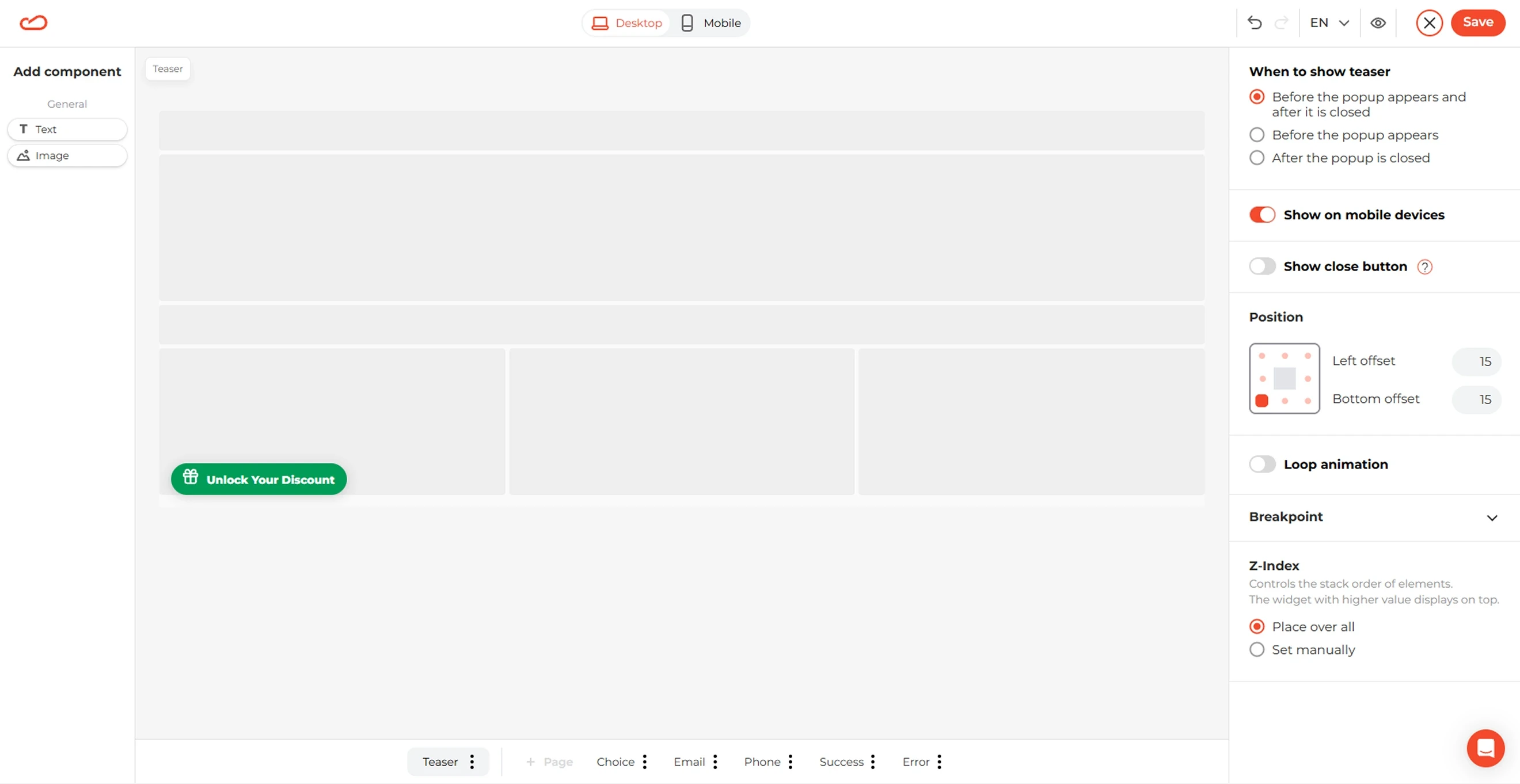 Claspo editor showing teaser settings for a multi-step fashion popup