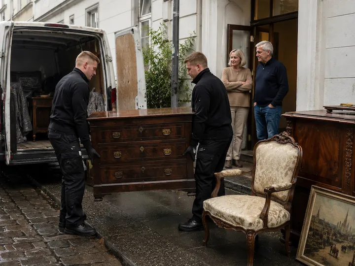 Mitarbeiter tragen eine antike Kommode zum Transporter, älteres Paar schaut zu