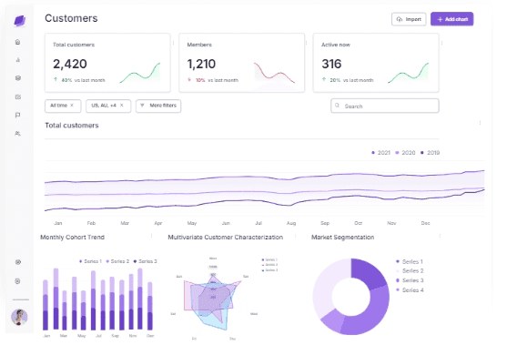 Embedded customer-facing analytics dashboard showing user metrics, trends, and visual reports in a SaaS interface