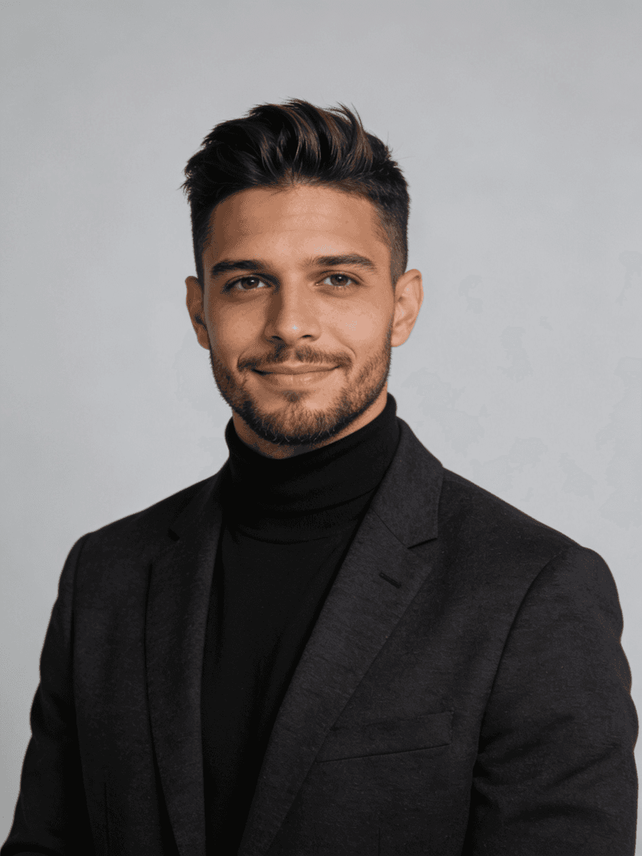A handsome man with dark hair and a beard wears a black turtleneck and blazer.