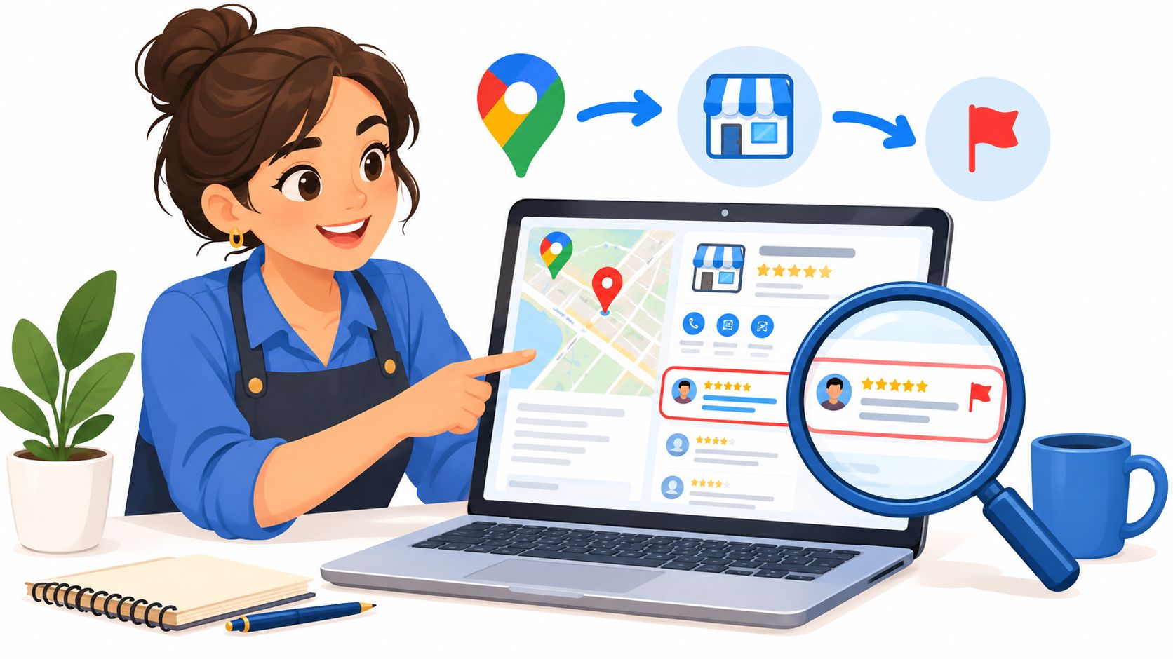Mujer señalando una computadora portátil que muestra reseñas de Google Maps para identificar comentarios falsos.