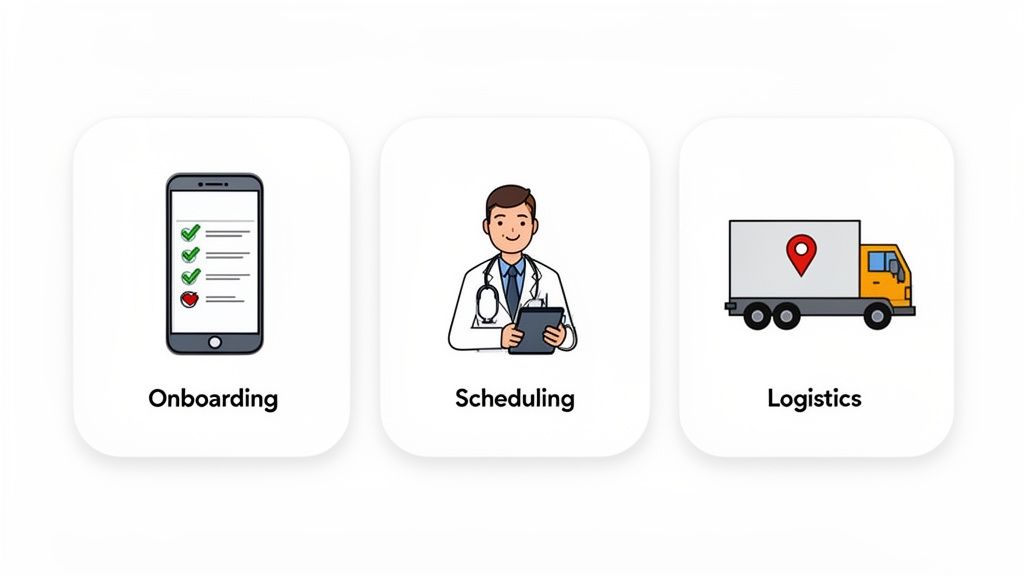 Three icons illustrating healthcare operations: mobile onboarding, doctor scheduling, and medical logistics.