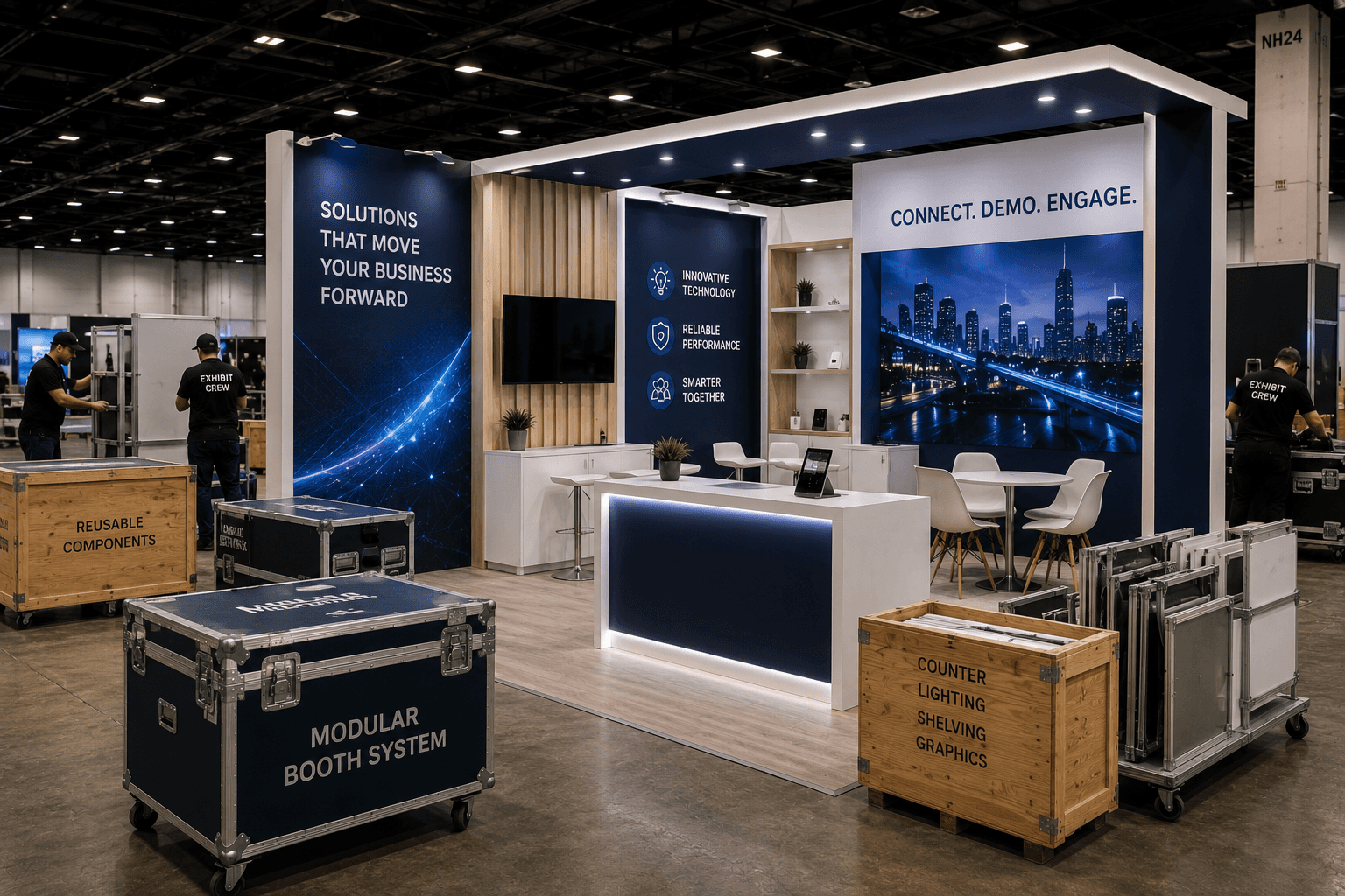 Modular booth rental setup for a Las Vegas trade show with reusable wall panels, branded graphics, counters, shelving, staged crates, and clear visitor flow