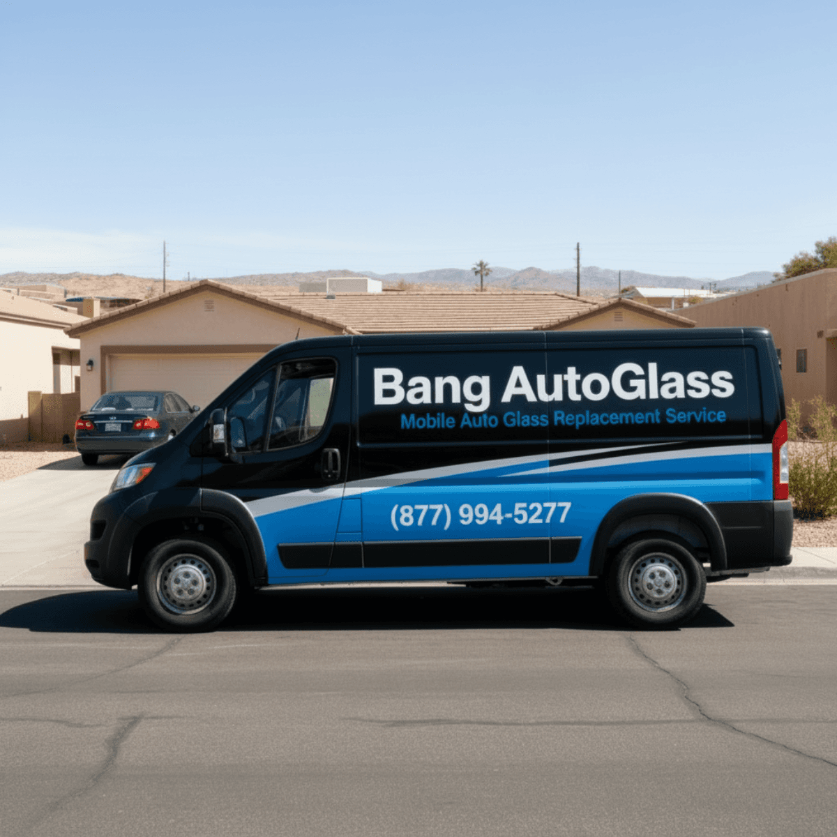 Bang AutoGlass van traveling to a Safford, AZ home to provide reliable mobile windshield replacement for a local customer