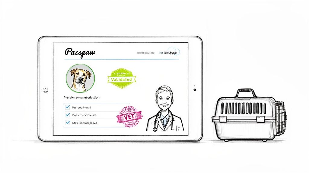 Tablet displaying a 'Passpaw' pet travel document with a dog, vet, validation stamps, and a pet carrier.