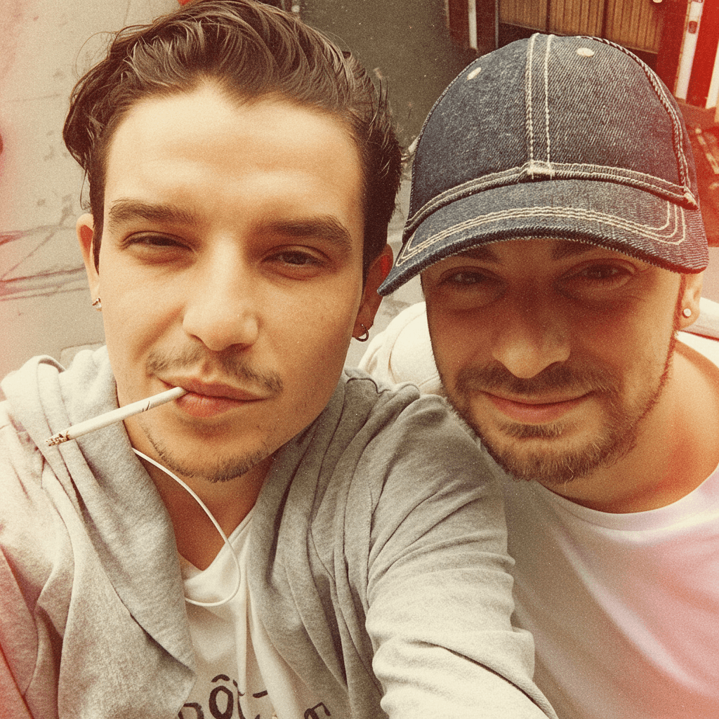 Adrian Klein and Ironic taking a close-up outdoor selfie, smiling casually with a relaxed, vintage look.
