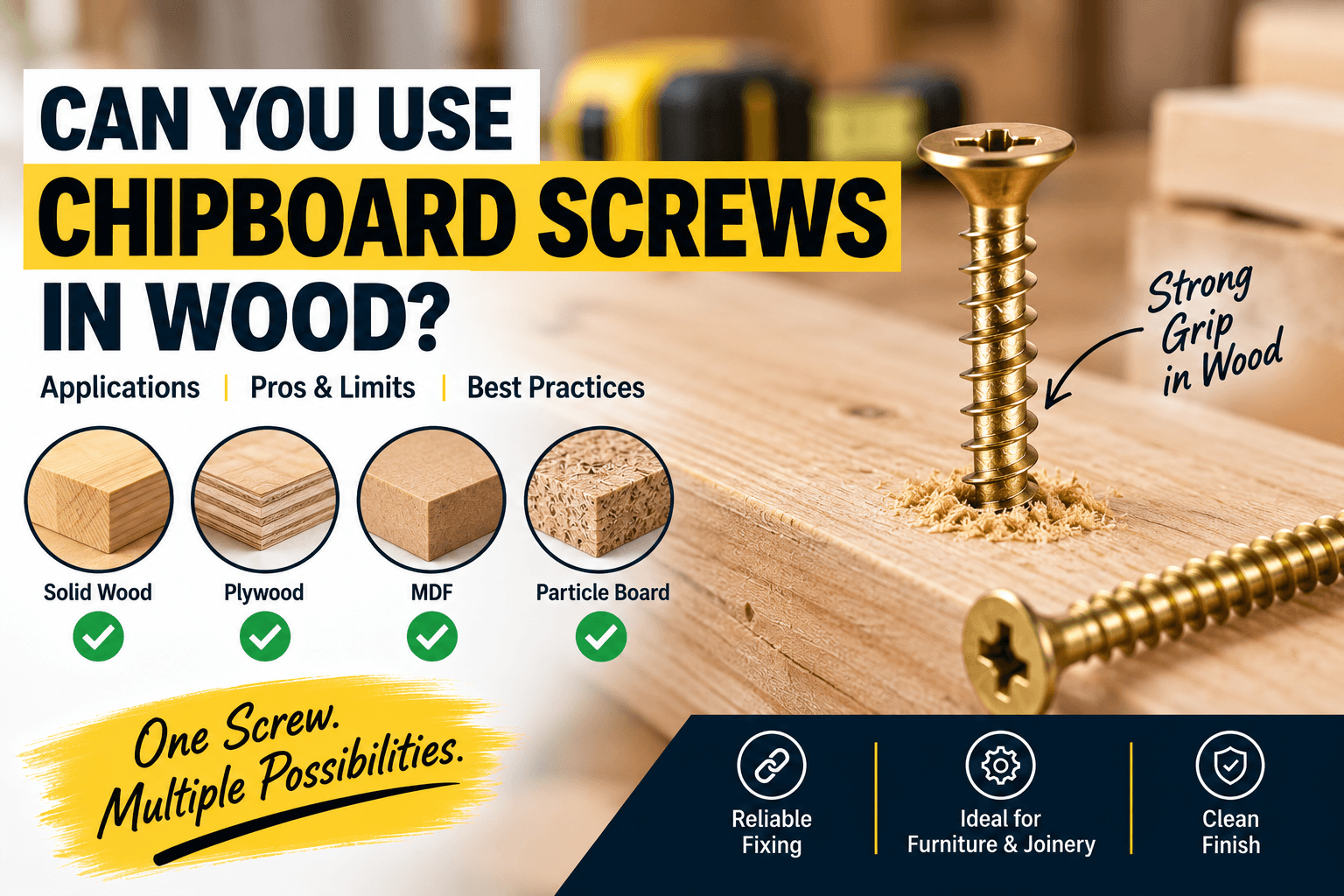 Gold zinc chipboard screws used in solid wood, plywood, MDF and particle board for furniture and joinery applications