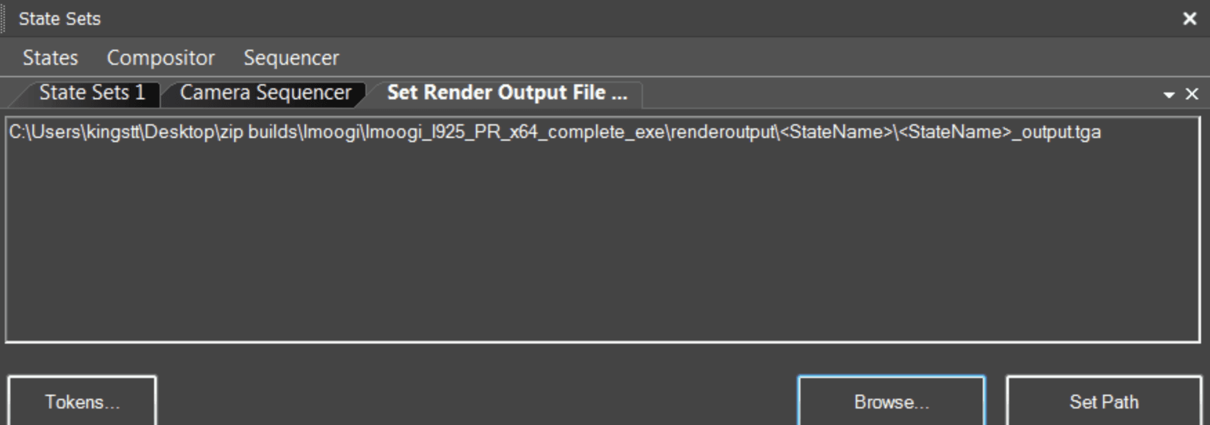 3ds Max State Sets render output panel showing a filename pattern with state-name tokens and a Set Path button.