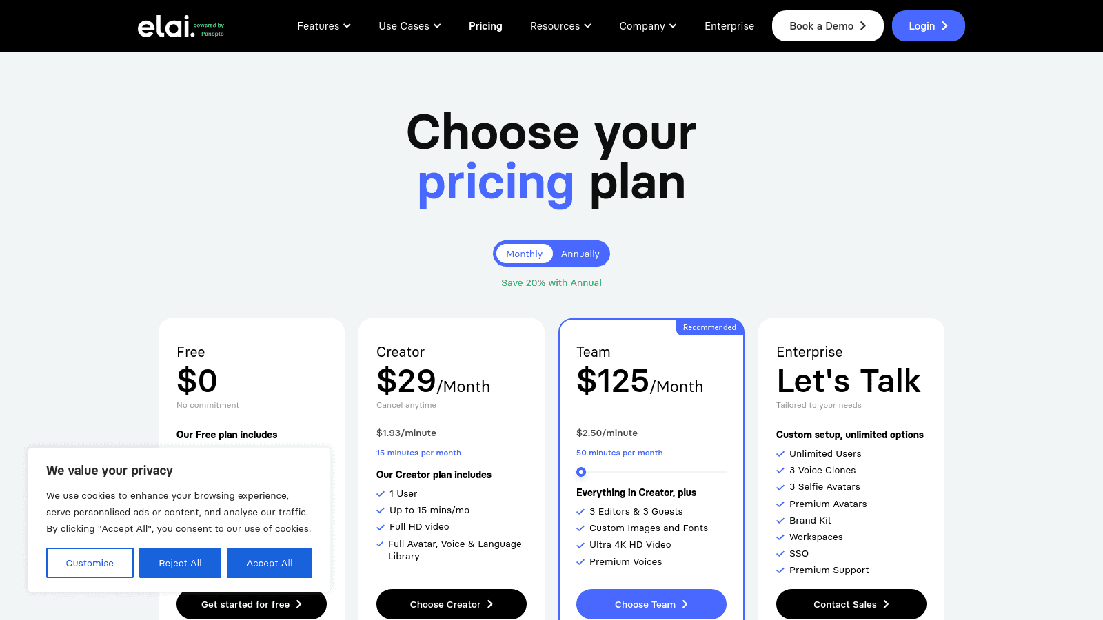 Elai.io pricing page showing Free, Creator, Team, and Enterprise plans with monthly and annual toggle options.