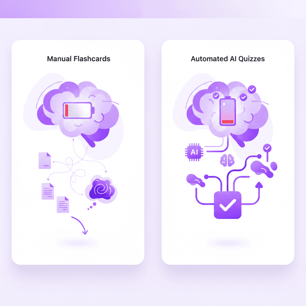 Comparison of manual flashcard creation versus AI-generated quizzes for ADHD learners.