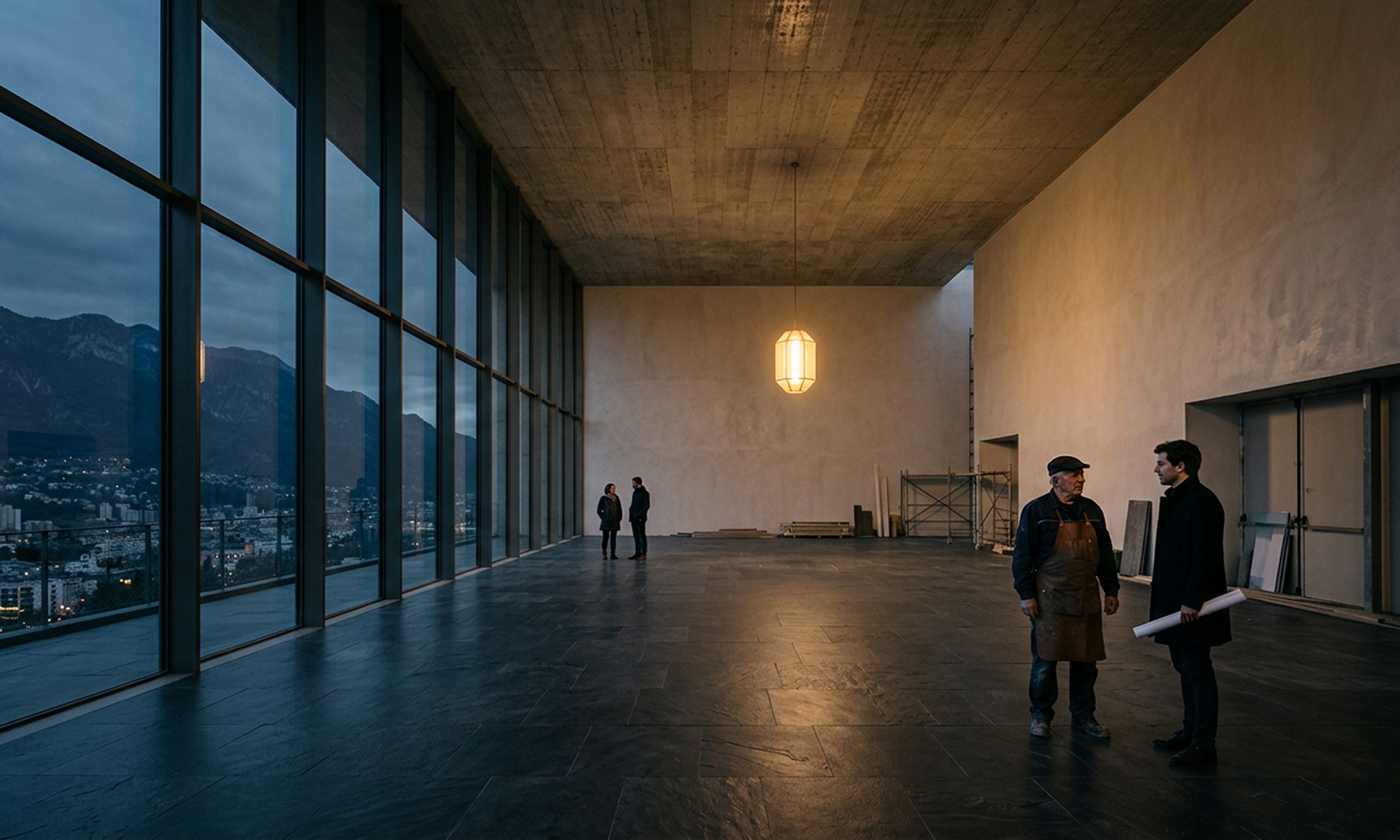 Two figures standing in a near-complete building interior, floor-to-ceiling glazing framing a dusk landscape beyond