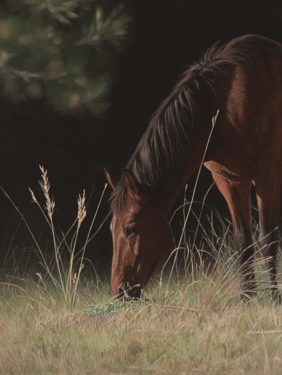 brown and white horse eating grass