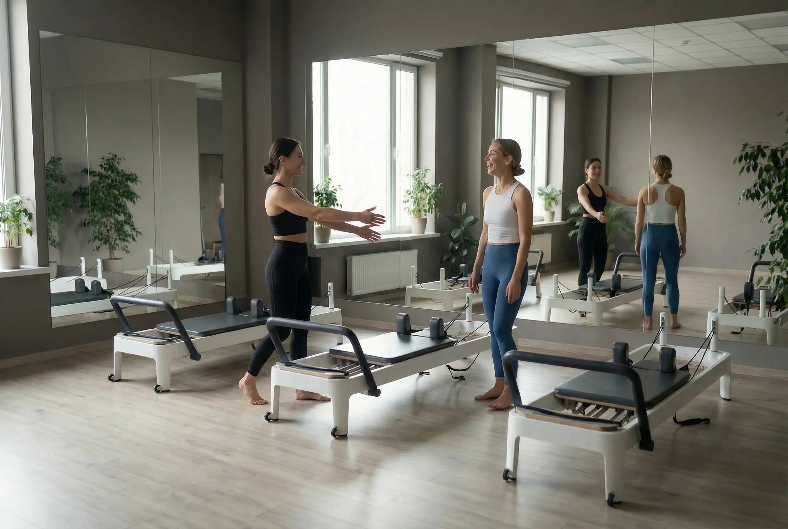reformer pilates studio room with reformers and 2 women standing in front of mirrors