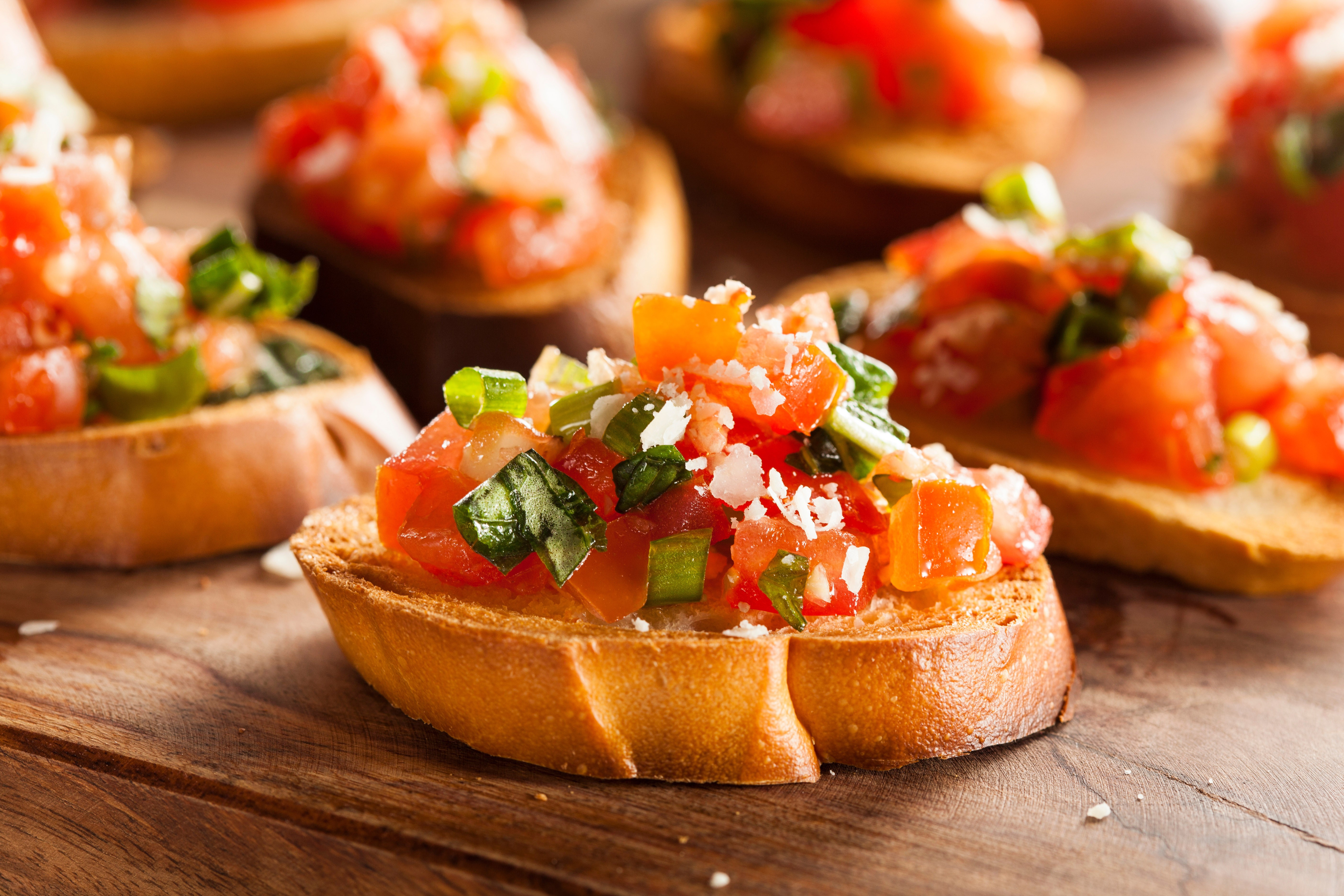 Bruschetta with tomatoes and basil served at a Dubai Mall restaurant.