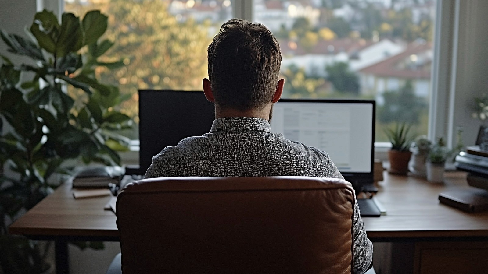 Person facing backwards sitting infront of desk with multiple screens