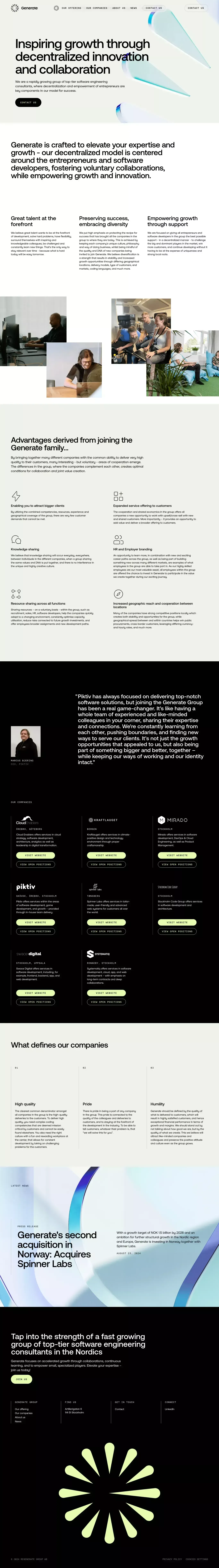 Generate Group landing page screenshot showcasing Tech design