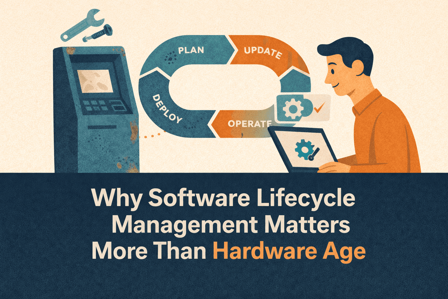 Flat-style digital illustration contrasting an aging ATM with visible wear on the left and a modern software lifecycle loop in the center labeled plan, deploy, update, and operate. On the right, a person works on a laptop displaying system and gear icons, symbolizing active software management. The background is light beige with warm orange and cool blue tones. A navy-blue bar at the bottom displays the blog title in bold white text: ‘Why Software Lifecycle Management Matters More Than Hardware Age’.
