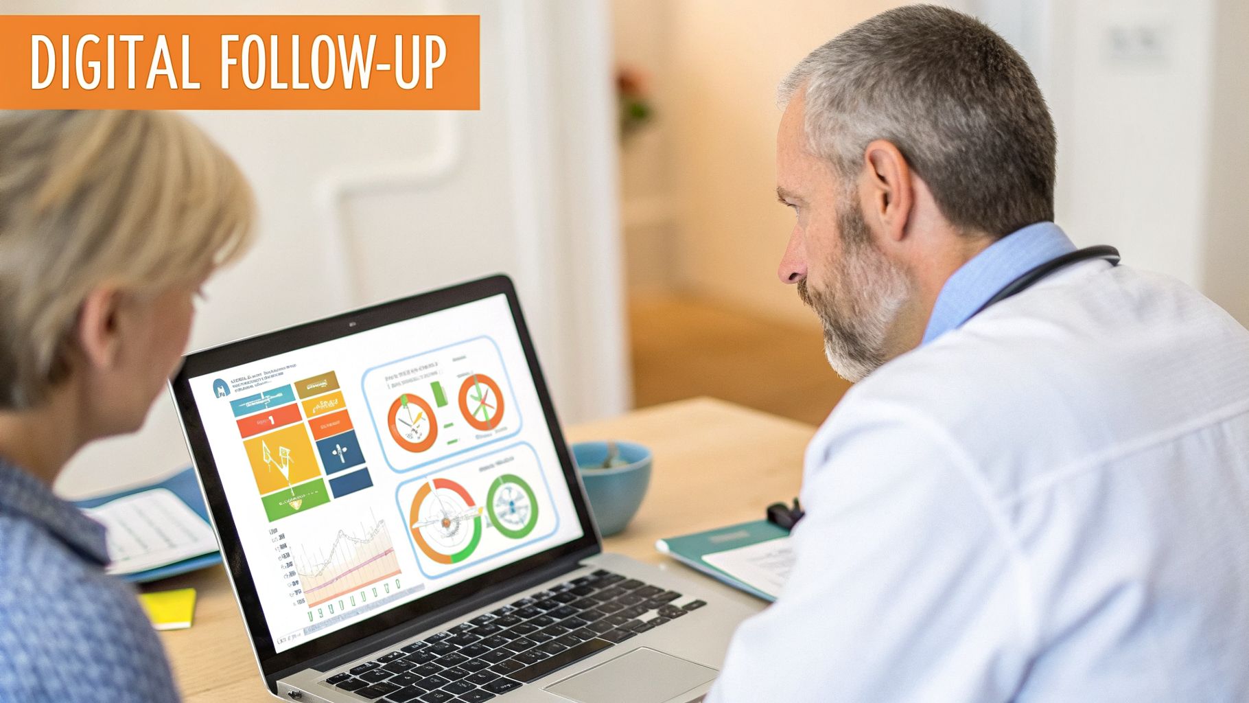 Doctor and patient examining health metrics on a laptop during a digital follow-up appointment.