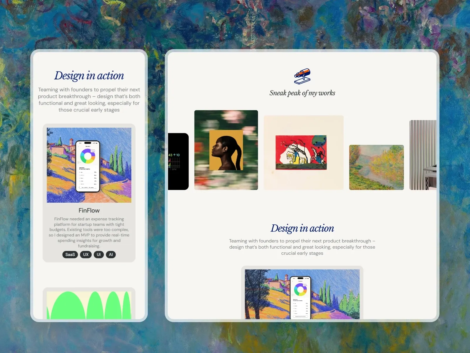 Mobile and tablet screens display colorful design projects and artworks.