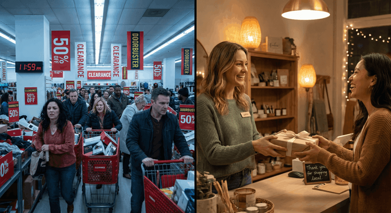 Split-screen showing a chaotic, crowded retail clearance sale on the left and a warm, personalized boutique shopping experience between an owner and customer on the right.